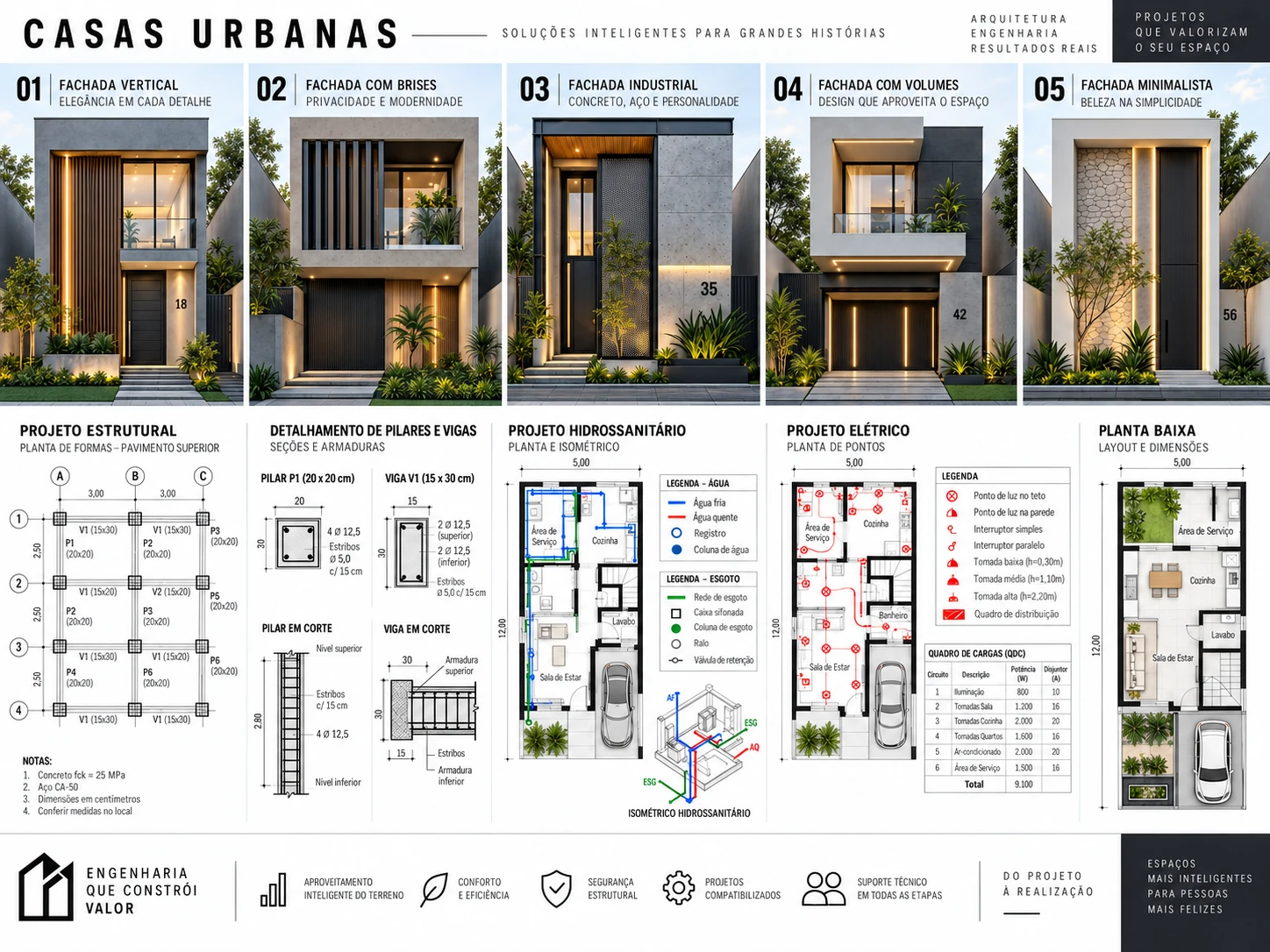 Painel Casas Urbanas com fachadas e projetos técnicos